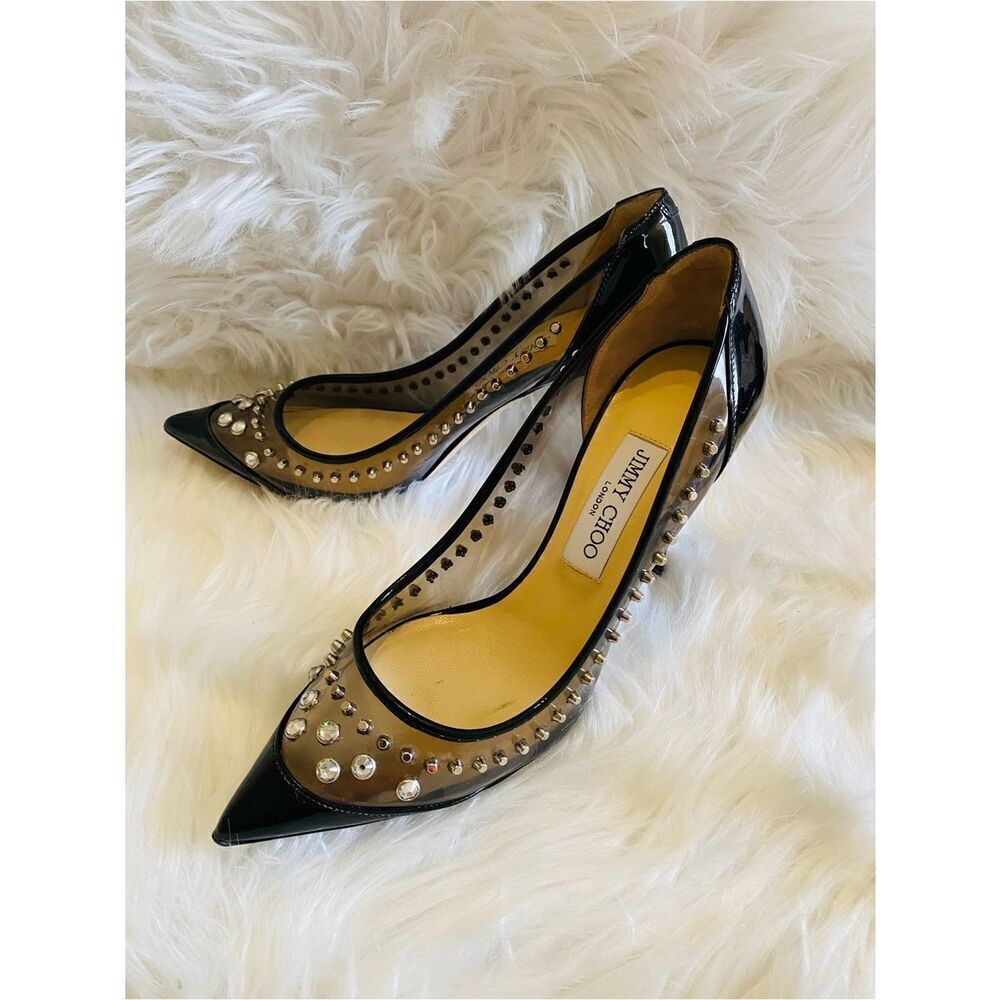 🛍️ Jimmy Choo Authentic Black and Silver Studded Heels w Original Packaging - Picture 4 of 17